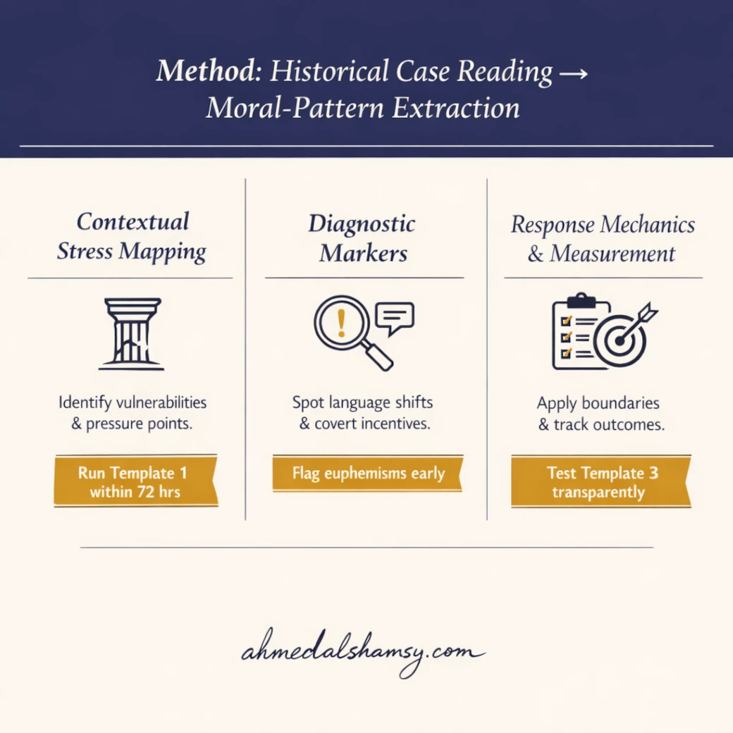 Method — Historical Case Reading → Moral-Pattern Extraction Infographic illustrating the three-part method: Contextual Stress Mapping; Diagnostic Markers; Response Mechanics & Measurement, with example actions.