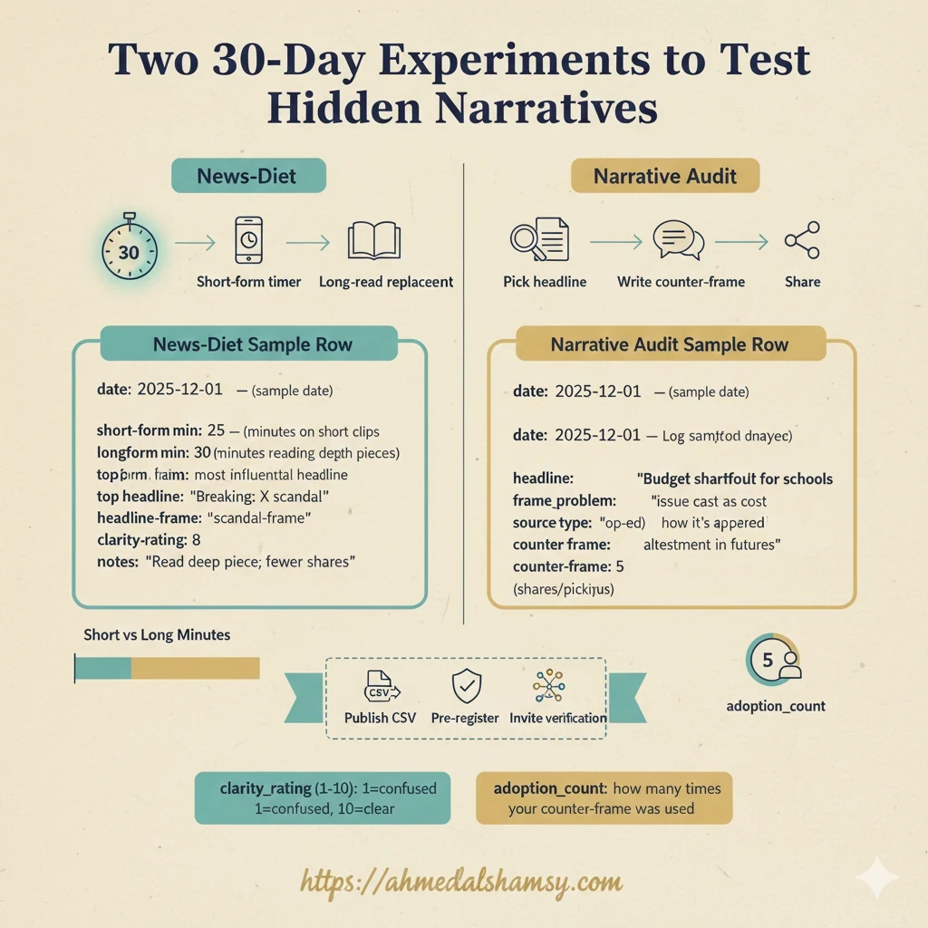 Two experiments you can try-Hidden Narratives in Public Life-1 Two-column workflow infographic showing step-by-step protocols for the 30-day News-Diet and the 30-day Narrative Audit.