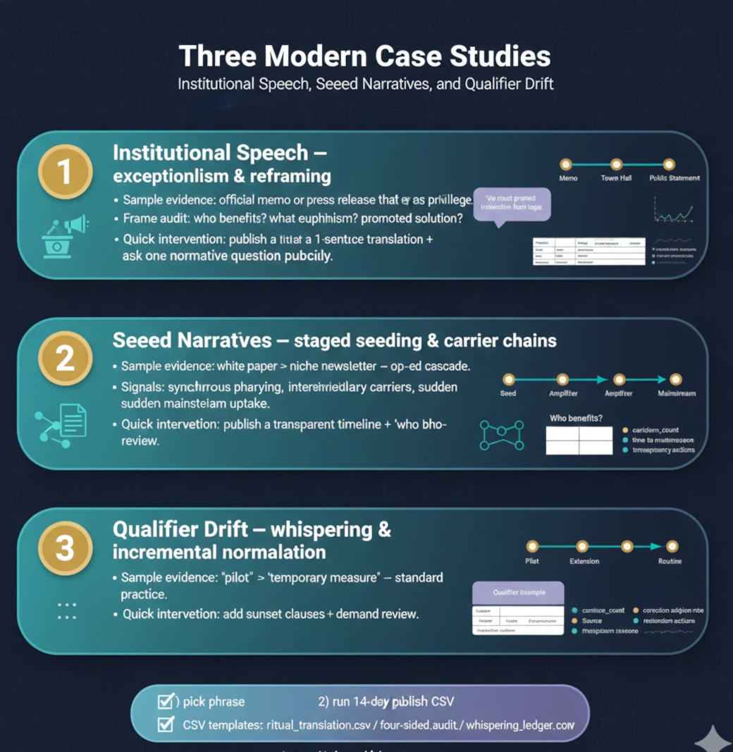 Three modern case studies — Institutional Speech, Seeded Narratives, and Qualifier Drift: infographic with timelines, frame audits, example quotes, and 30/90-day metrics.