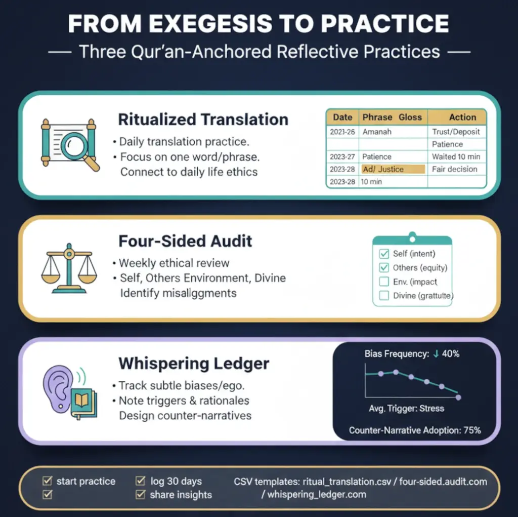Iblis and the Qur'an — From exegesis to practice: three Qur’an-anchored reflective practices infographic showing Ritualized Translation, Four-Sided Audit, and Whispering Ledger with CSV templates and 30/90-day measurement plans.