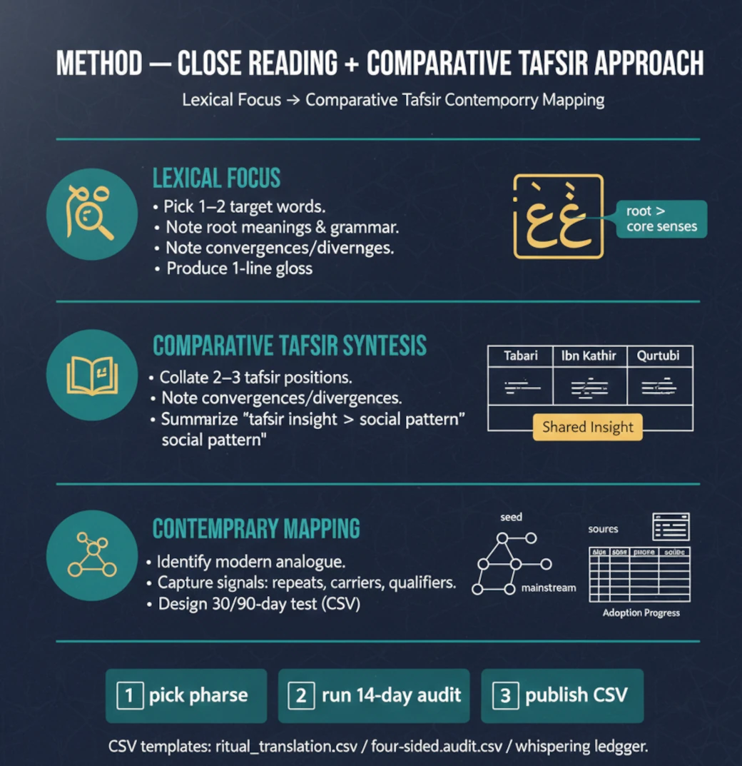 Method — Close reading + comparative tafsir approach: infographic showing Lexical Focus, Comparative Tafsir Synthesis, and Contemporary Mapping with CSV mockup and checklist.