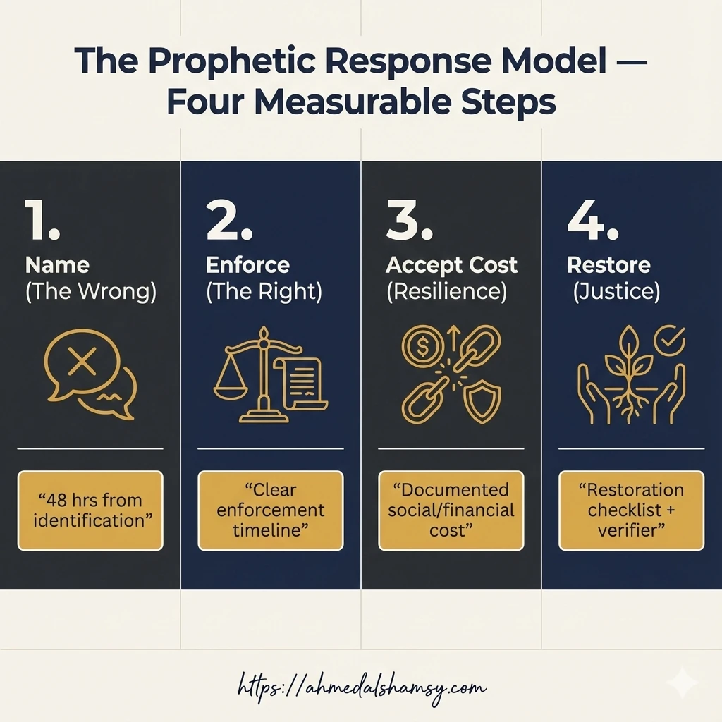 The Prophetic Response Model — Four Measurable Steps Infographic: Four tiles showing the Prophetic Response Model — Name, Enforce, Accept Cost, Restore — with one-line metrics.