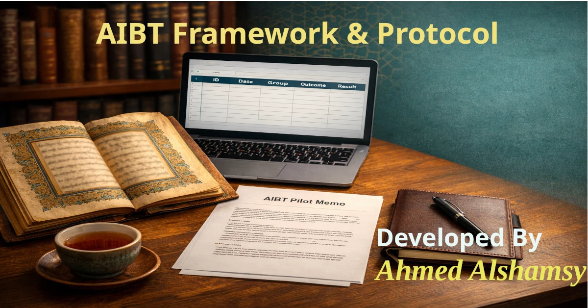 Study desk with Qur'anic manuscript, laptop showing CSV header, and an AIBT pilot memo — symbolizing Applied Islamic Behavioral Theology
