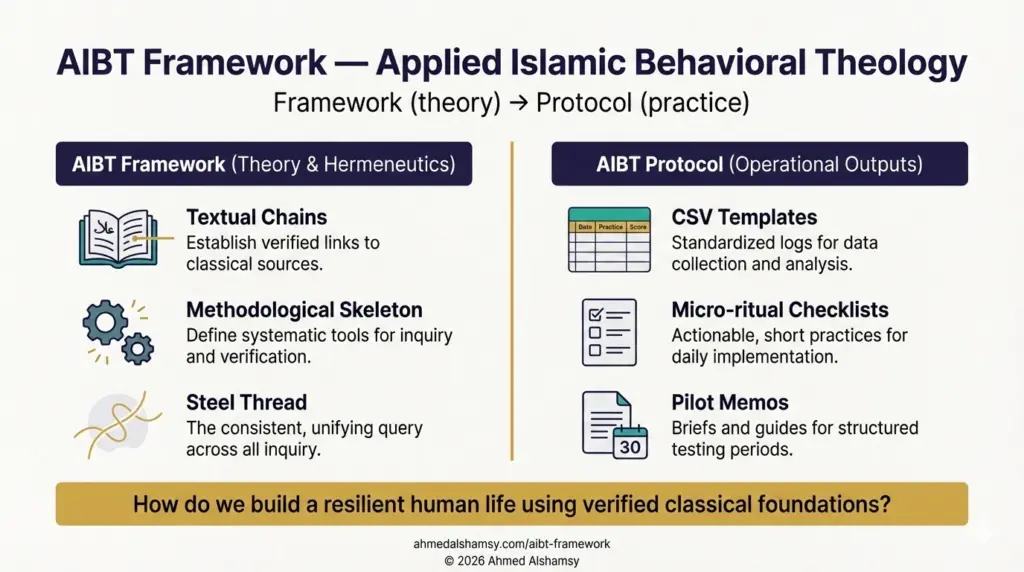 Diagram showing the Applied Islamic Behavioral Theology (AIBT) two-layer architecture: AIBT Framework (theory) and AIBT Protocol (practical CSVs and pilot memos).