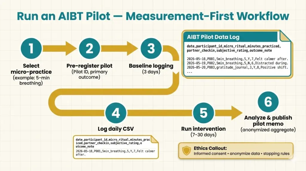 Step-by-step infographic showing the AIBT pilot workflow: select practice, pre-register, baseline, run 7–30 days, log CSV, analyze and publish memo