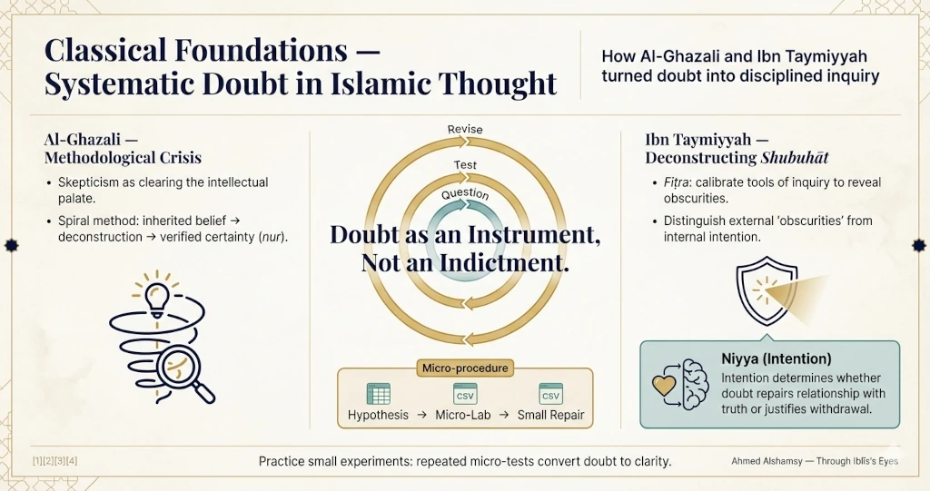 Classical Foundations — Doubt to Clarity Infographic Infographic summarizing Al-Ghazali and Ibn Taymiyyah on procedural doubt and niyya — visual guide to moving from doubt to clarity.