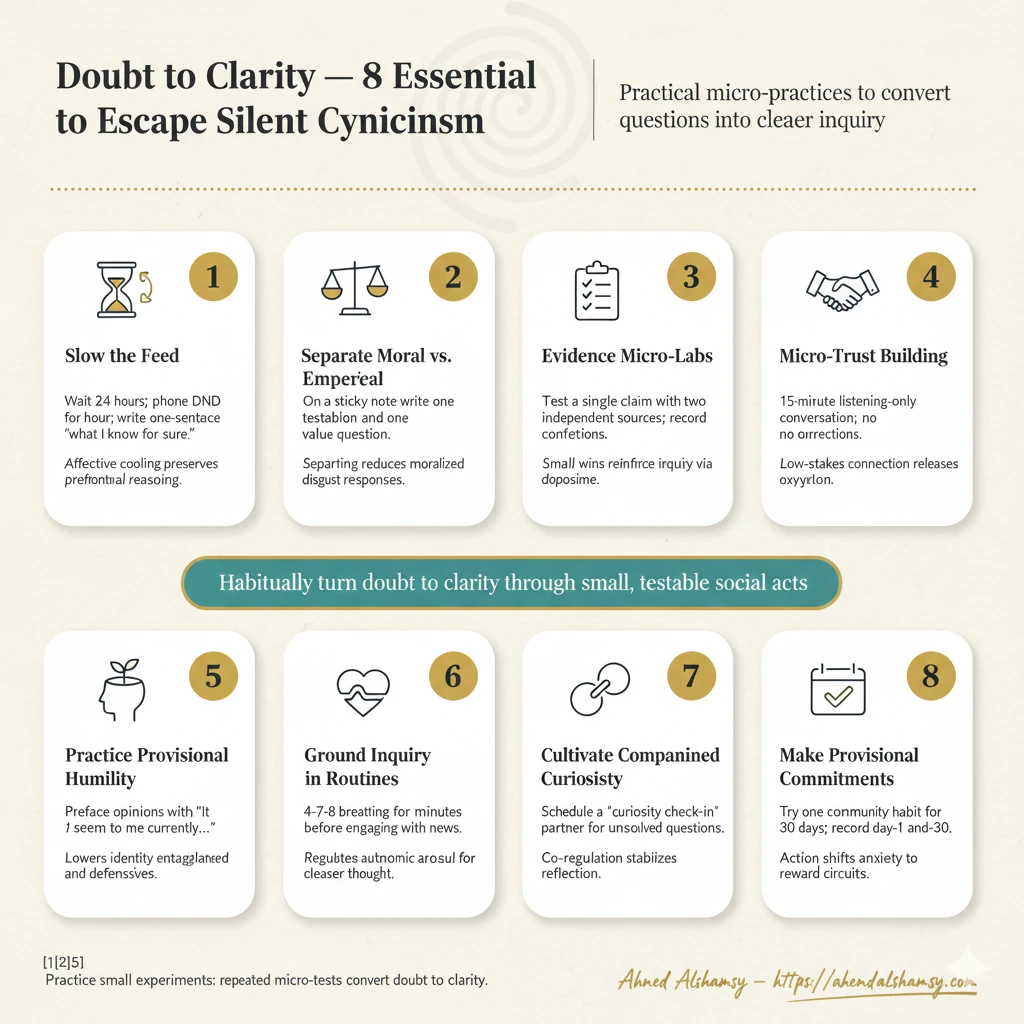 Eight Steps from Doubt to Clarity — Infographic Infographic listing eight compassionate steps (Slow the Feed; Separate Moral/Evidence; Evidence Micro-labs; Micro-trust; Provisional Humility; Embodied Routines; Companioned Curiosity; Provisional Commitments) to move from doubt to clarity.
