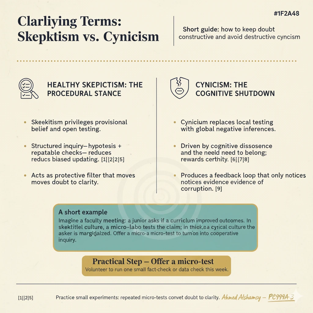 Healthy Skepticism vs Cynicism — Doubt to Clarity Infographic Infographic contrasting Healthy Skepticism and Cynicism with vignette and micro-practices — helps readers convert doubt to clarity.